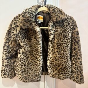 Leopard Print Faux Fur Jacket Holiday Coat, Girls / Kids, size 7/8